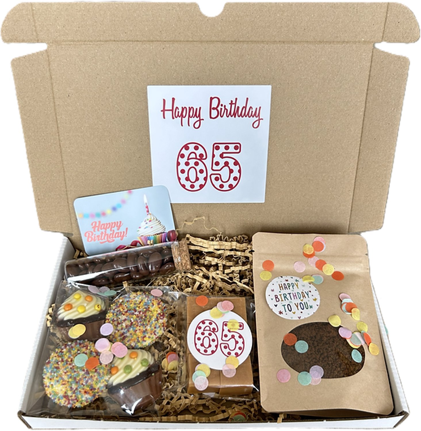 65 Verjaardag koffie brievenbus cadeau - chocolade - fudge - mokkaboontjes