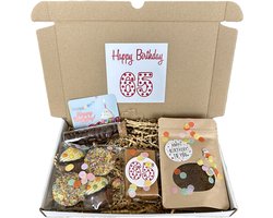65 Verjaardag koffie brievenbus cadeau - chocolade - fudge - mokkaboontjes