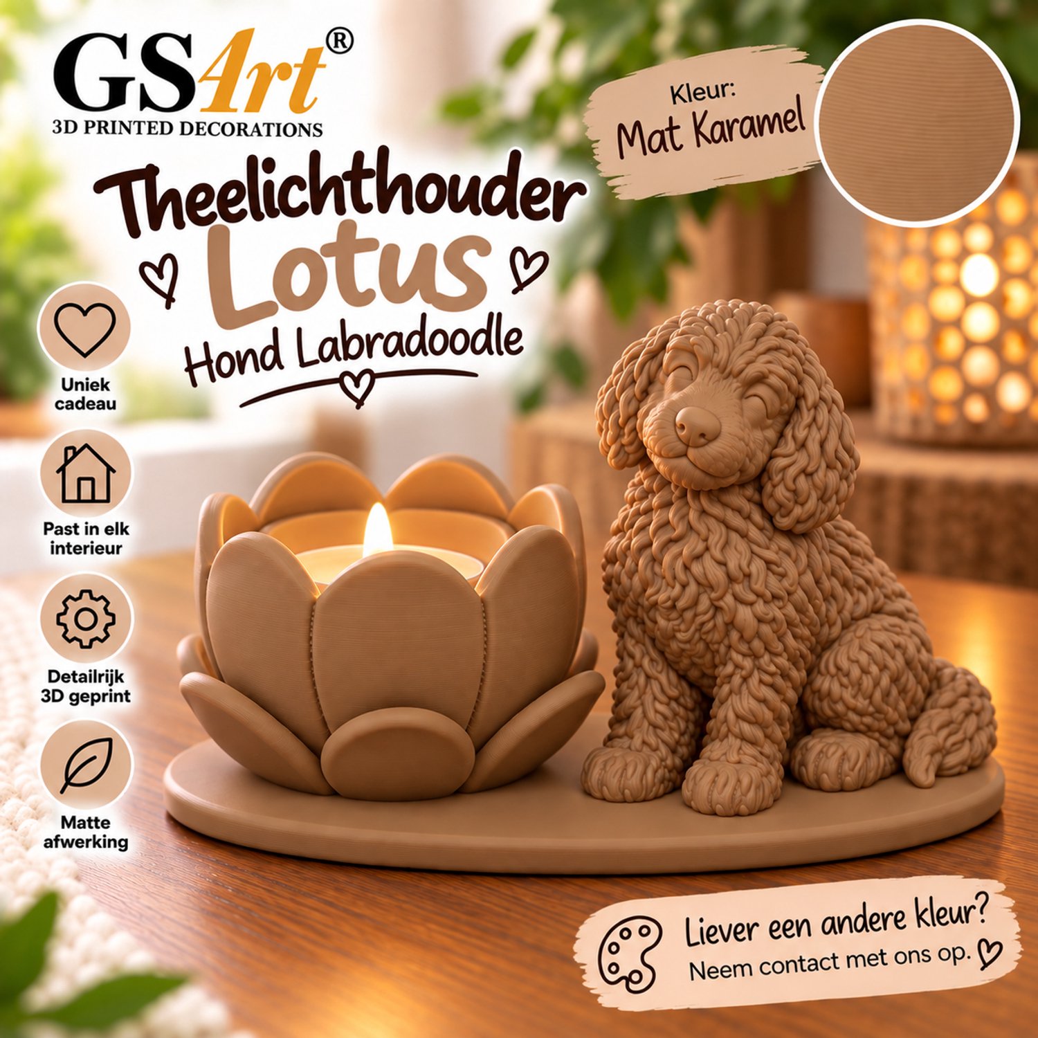 GSArt Theelichthouder Lotus Labradoodle Hond – LED – Mat Karamel