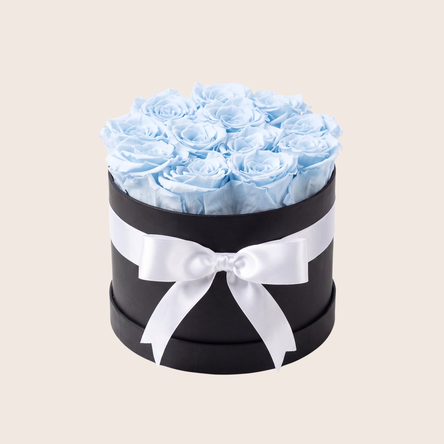 Charle Roses Signature - Rozenbox met 12 echte houdbare rozen - 20 x 14,5 cm - Powder Blue lichtblauw - zwarte cadeaubox met lint