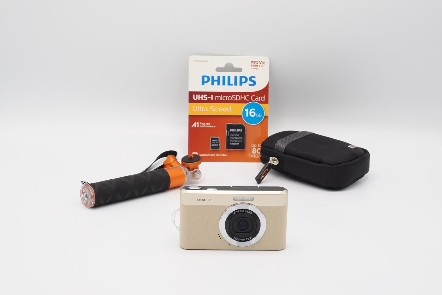 Kodak C1 compact camera - kantelbaar scherm - tan - + 16GB - + tas - + selfie stick