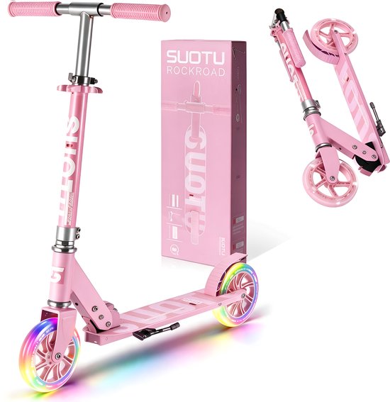 Roze Suotu Rockroad kinderstep met inklapbaar design en lichtgevende wielen in een bijpassende doos.