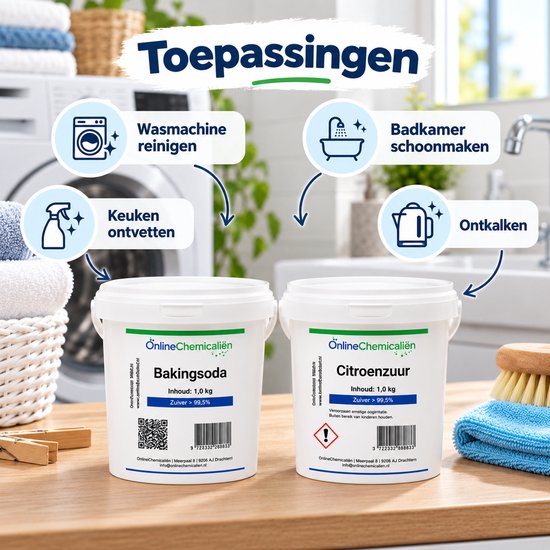 Emmers Baking Soda en Citroenzuur met iconen voor wasmachine, badkamer, keuken en ontkalken.
