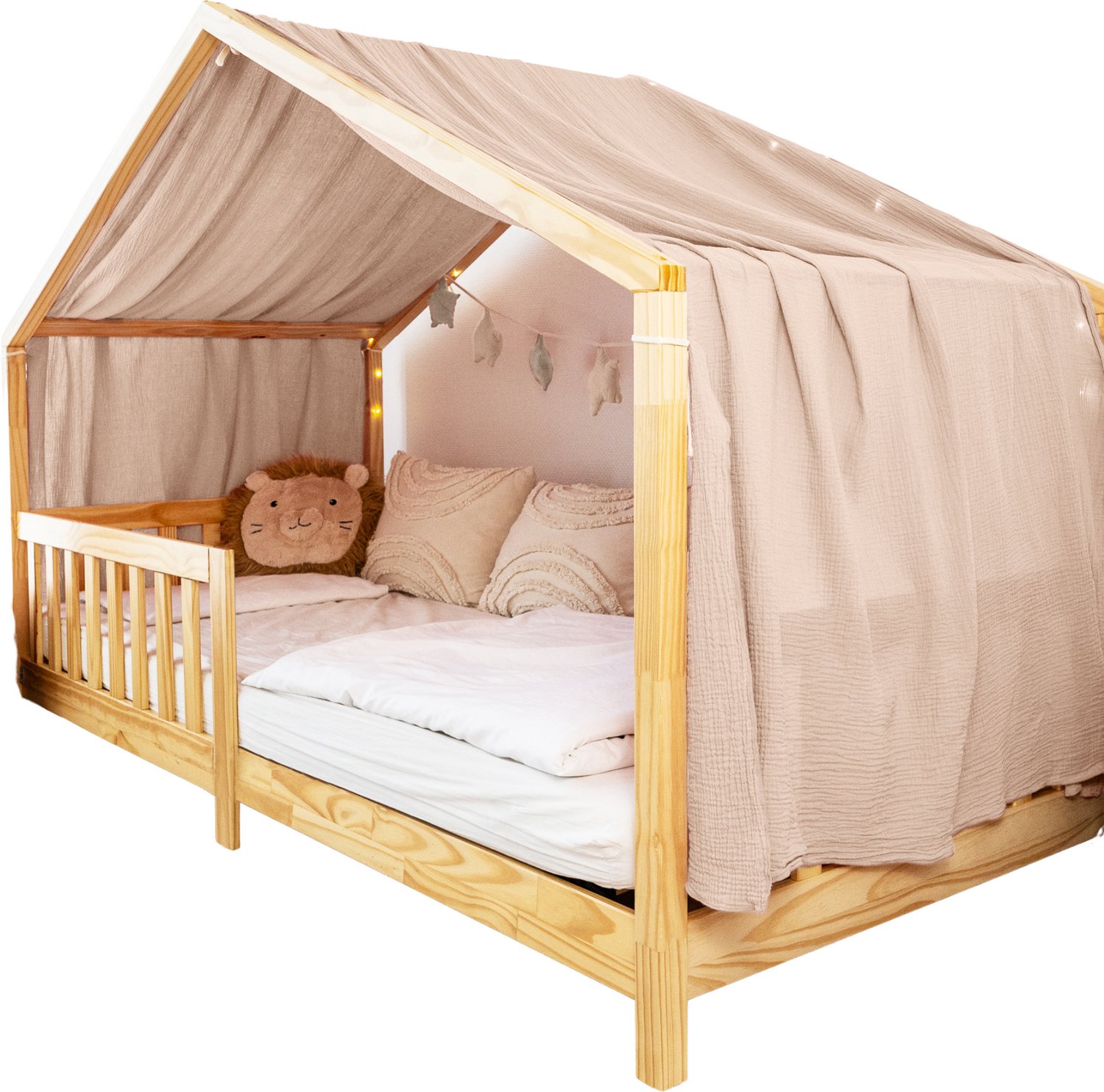 LILIMAUS Huisbed hemeltje uit één stuk met gouden details - bedhemel voor huisbed - 135 x 360 cm - mousseline katoen - zachtroze