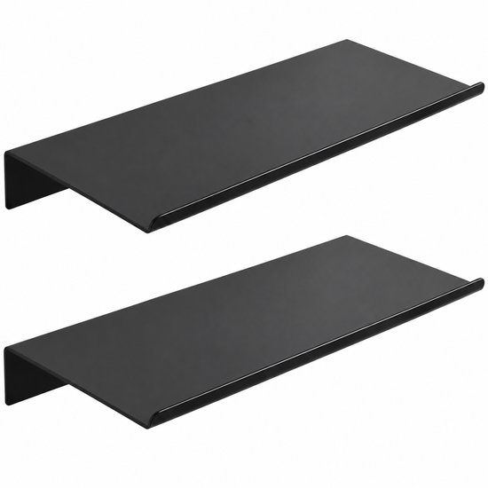 Set van twee zwarte rechthoekige aluminium zwevende wandplanken met een opstaande rand aan de voorzijde.