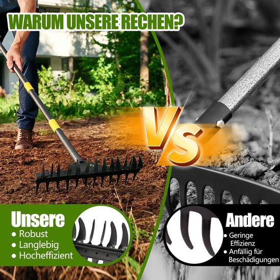 Tuinhark met Handvat - 190 cm Hark voor Bladeren, Grond en Onkruid — afbeelding 4