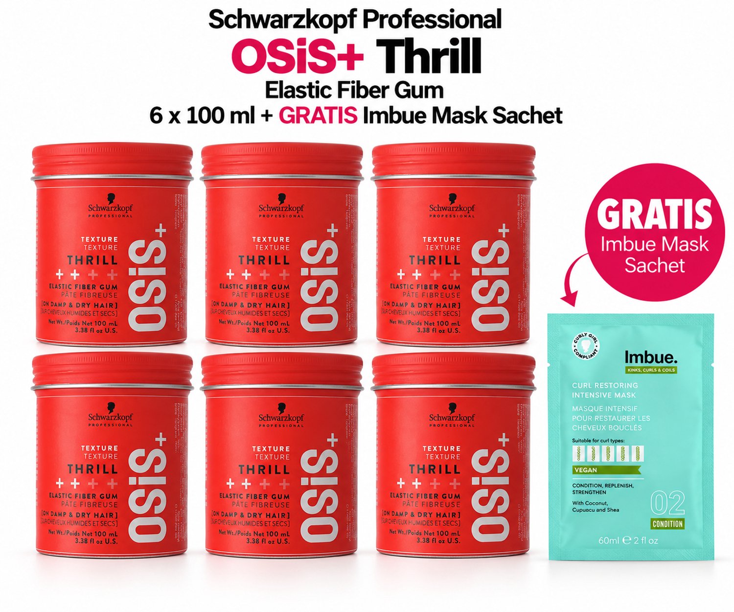 Schwarzkopf Professional OSiS+ Thrill Elastic Fiber Gum 6 x 100 ml + GRATIS Imbue Mask Sachet