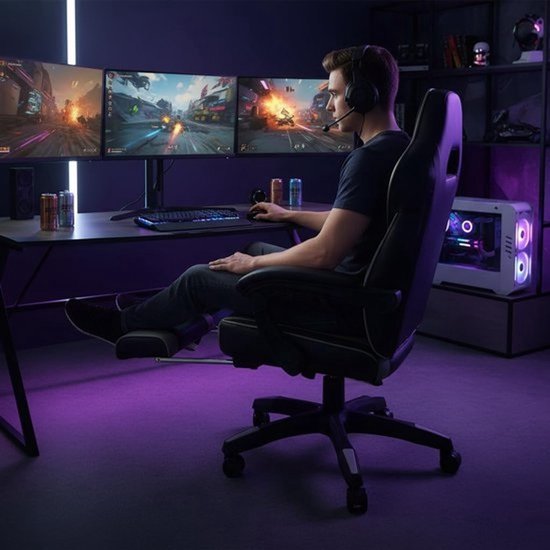 Melko gamingstoel - Ergonomische bureaustoel met voetensteun - Zwart, grijs - Racingstoel, directiestoel, draaistoel — afbeelding 2