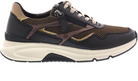 Zijaanzicht van een Gabor Rolling Soft sneaker in zwart, brons en beige met ritssluiting en mesh-details.