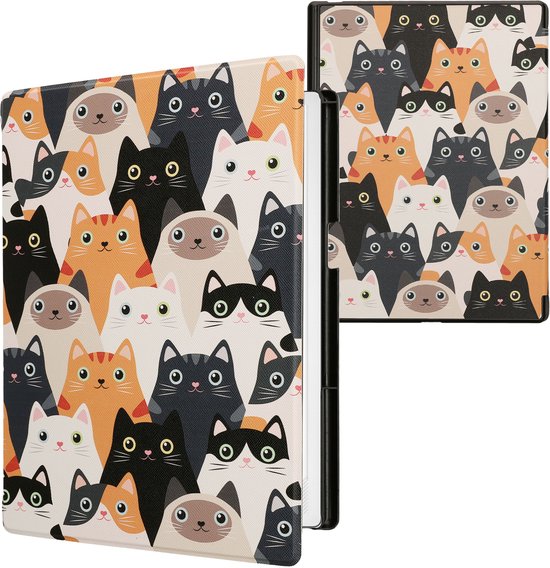 kwmobile e-reader hoesje geschikt voor Pocketbook InkPad One hoes - E reader flip case met magnetische sluiting - Ereader cover - Katten design in oranje / zwart / wit — afbeelding 2
