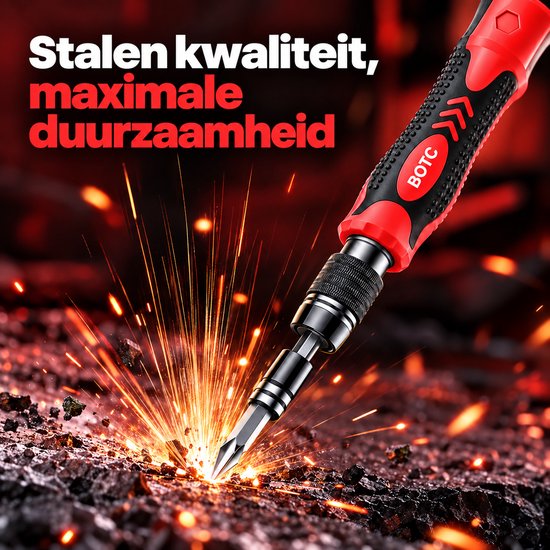 Rood-zwarte BOTC precisie schroevendraaier boort in materiaal met vonken. Tekst: Stalen kwaliteit, maximale duurzaamheid.