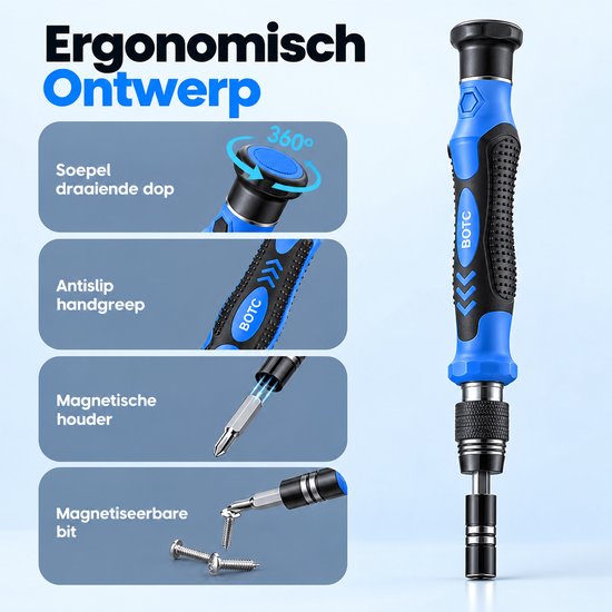 Ergonomische blauwe schroevendraaier met draaiende dop, antislipgreep en magnetische bit.