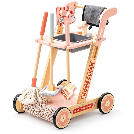 Houten schoonmaakkar voor kinderen met tekst 'HOME CLEAN' en 'HOME LITTLE HELPER', in roze en natuurlijke houttinten.