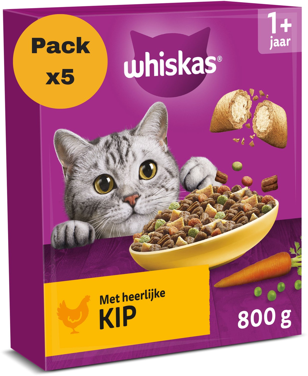 Bol.com Whiskas Kattenbrokken - Adult 1+ - Adult - Kip - doos 5x800g aanbieding
