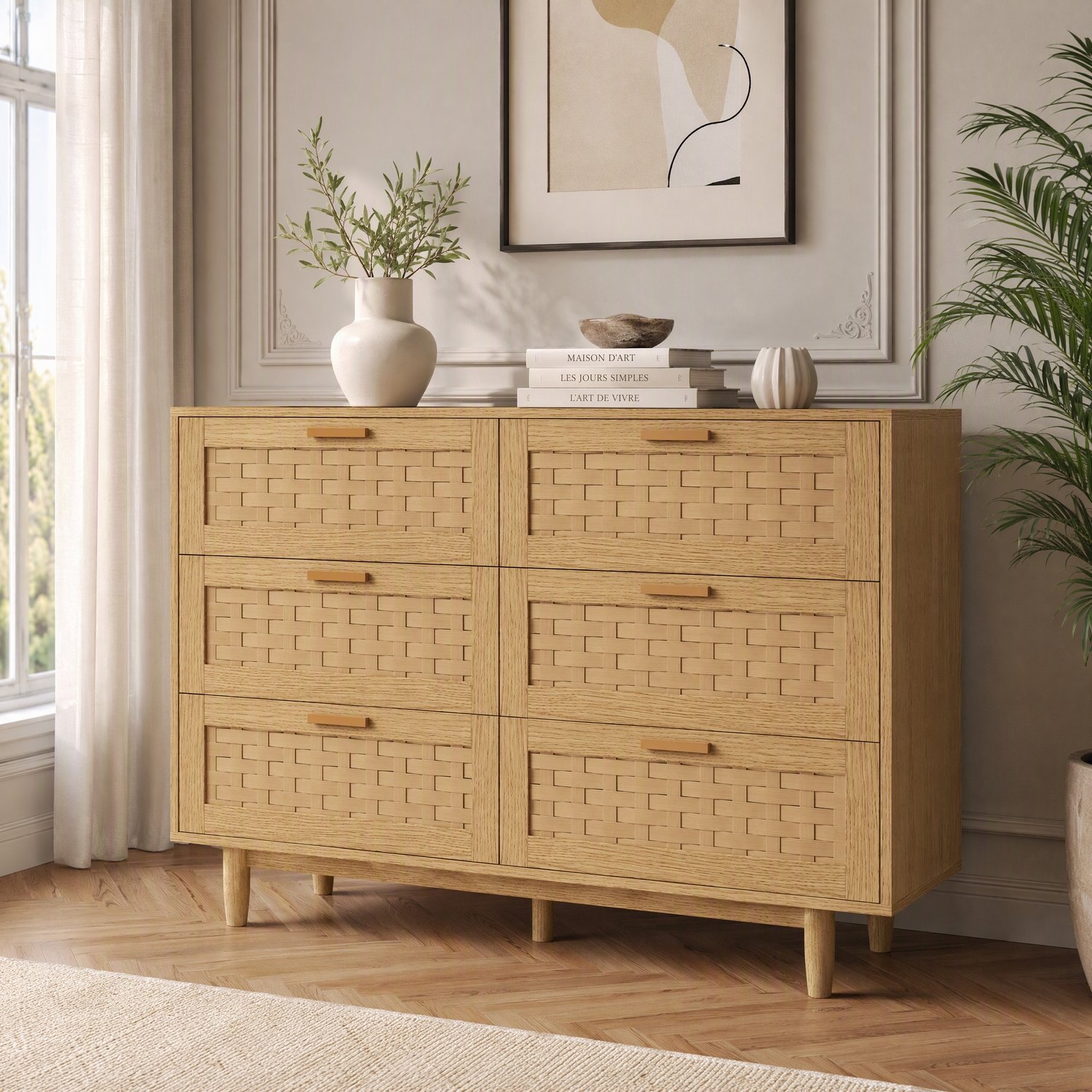 Ladekast 6 lades en rotan, moderne opbergkast met houten poten, commode voor de slaapkamer, woonkamer en hal, 115x 40 x 80 cm, Natuurlijke houtkleur