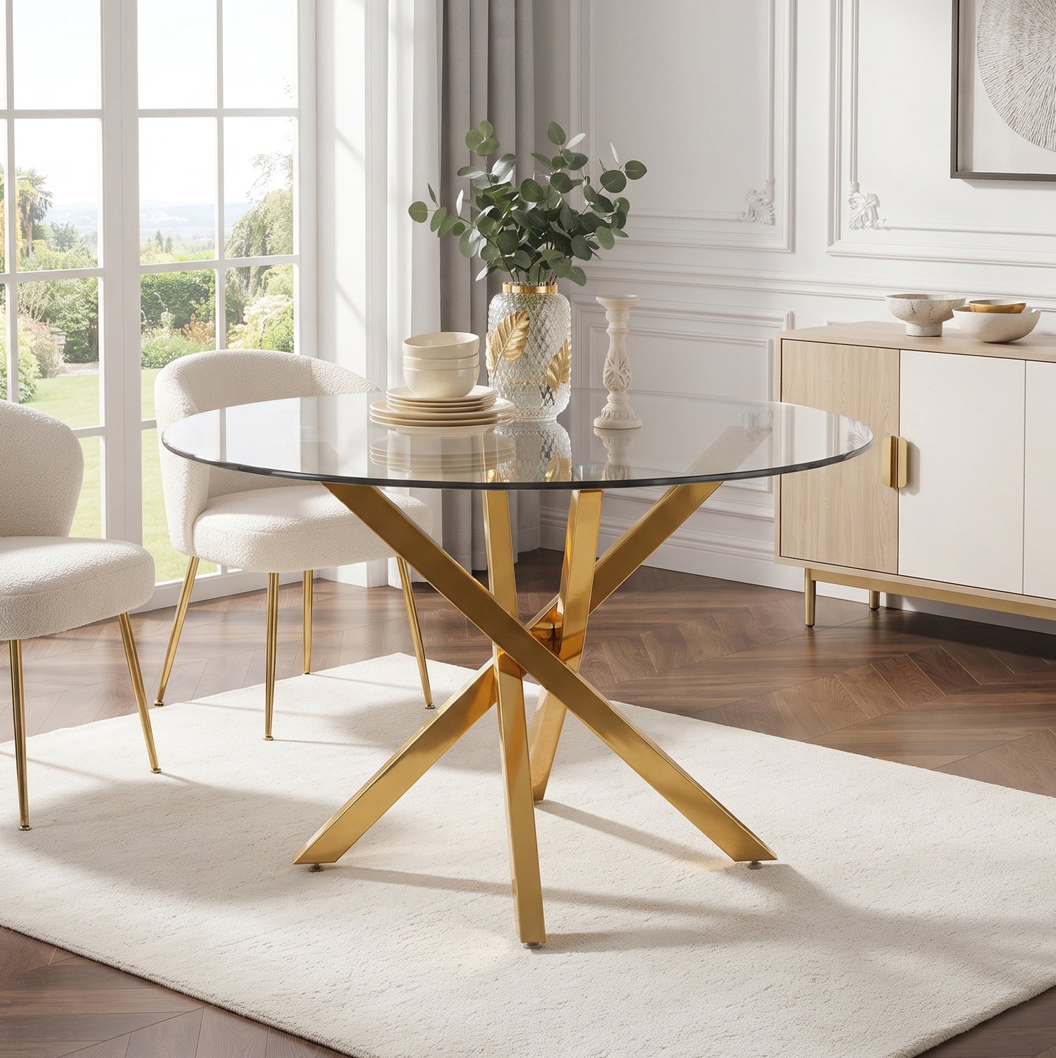 CHICFURN Eettafel - rond glazen blad - X-poot - goud en glas Goud + glas