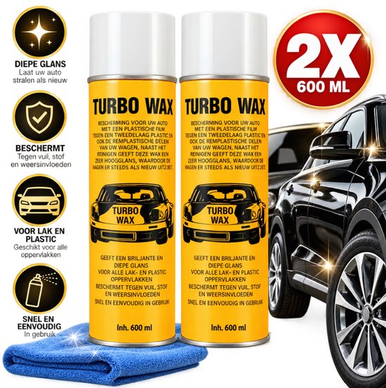 Twee gele Turbo Wax spuitbussen van 600 ml met een blauwe doek, voor lak en plastic bescherming.