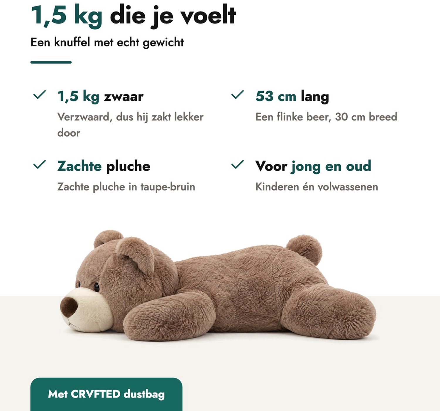 Verzwaringsknuffel Beer – Verzwaarde Zware Knuffel met Gewicht 1.5kg – Sensorische Knuffel – Anxiety Knuffel voor Volwassenen & Kinderen — afbeelding 6