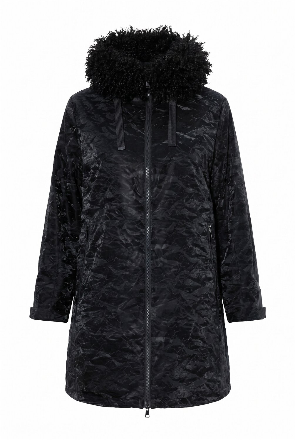 Ulla Popken - Dames - Shiny jasje waterafstotend capuchon teddyfleece - Zwart - Maat 46+
