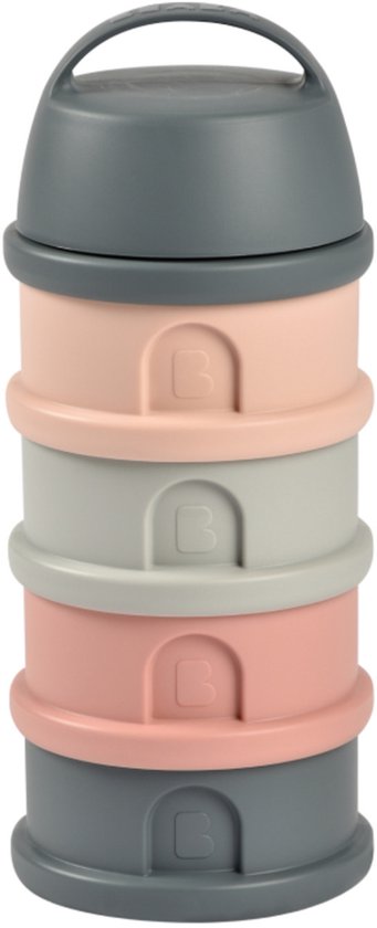 Boîte doseuse de lait en poudre Béaba empilable, composée de quatre compartiments en gris, rose et beige avec poignée.