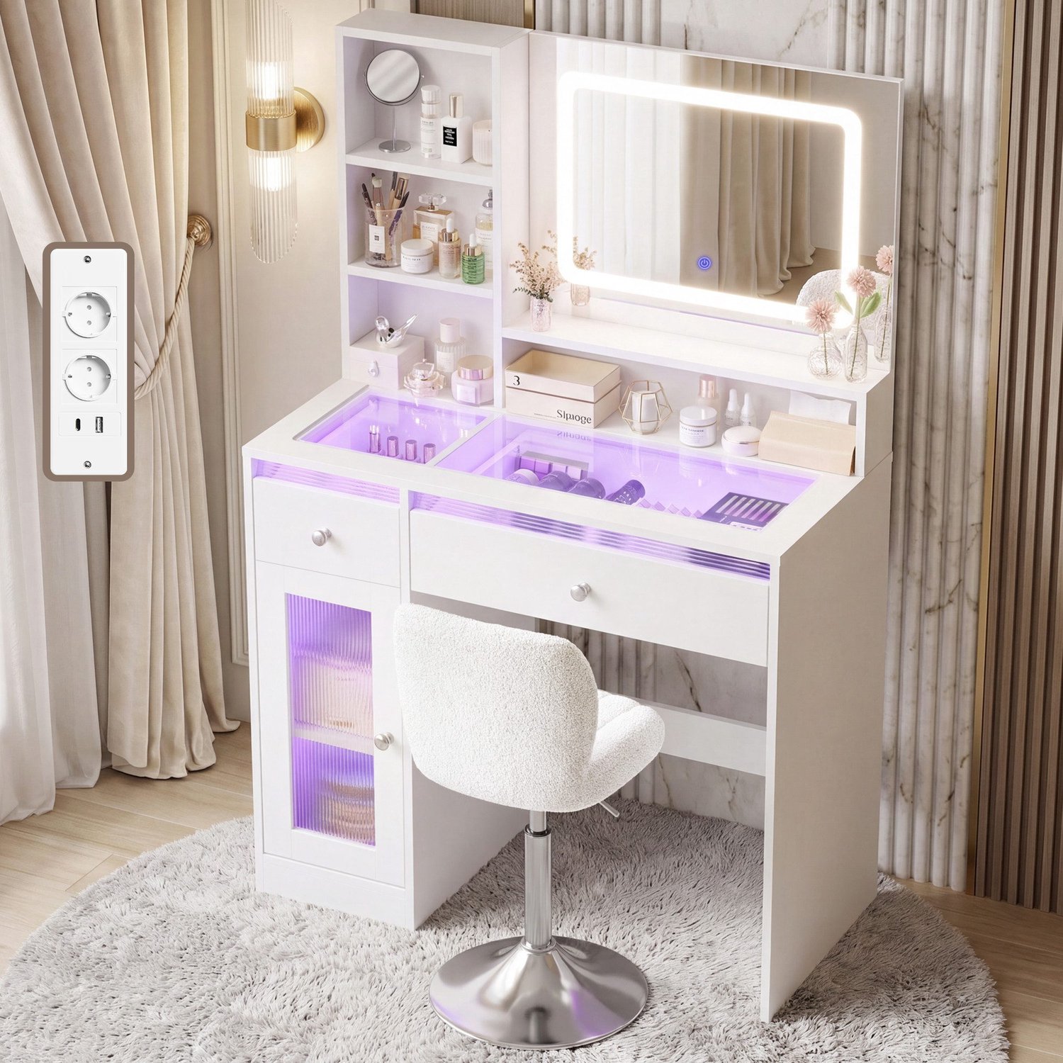 Devoko Kaptafel met Spiegel en RGB LED-verlichting – 3 Lichtkleuren – 2 Laden, 1 Kast en 4 Open Vakken – 2 Stopcontacten, USB en USB-C – 88 × 40 × 135 cm – Mat Wit