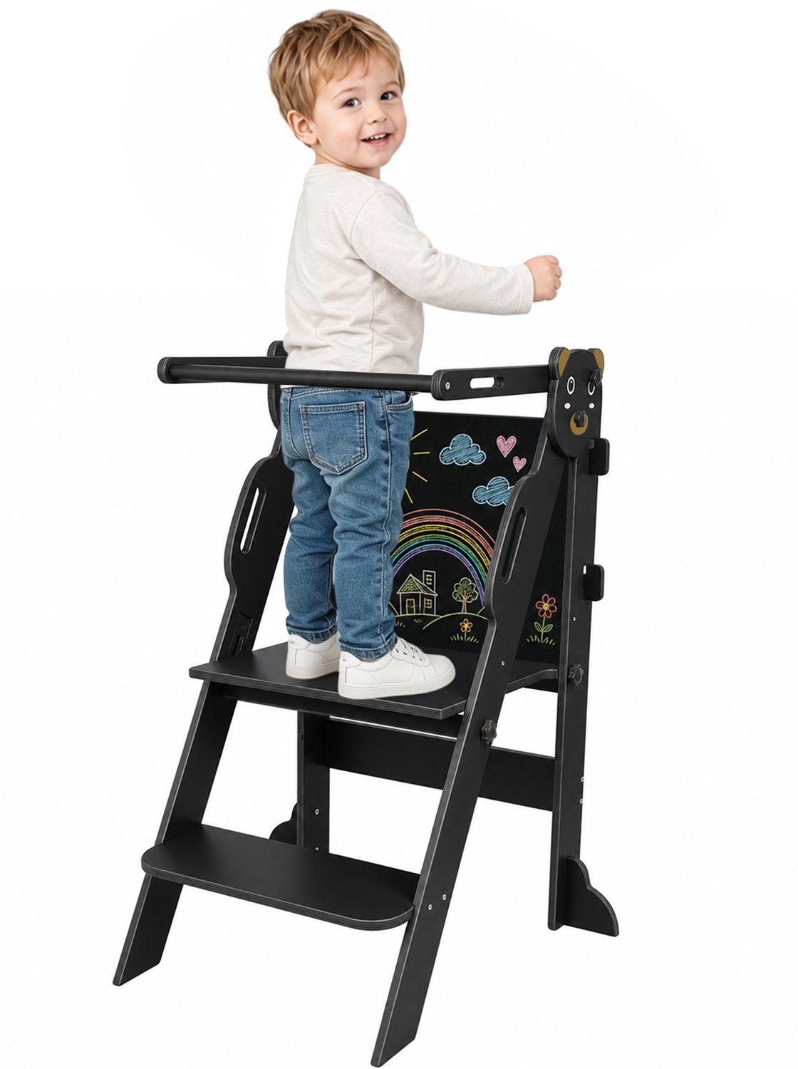 PIPIPOXER 4-in-1 leertoren -Inklapbaar- Learning Tower -Montessori Leertoren-Keukentoren, Kindertrap, Tekenbord - Speeltafel - Kinder trapje - zwart