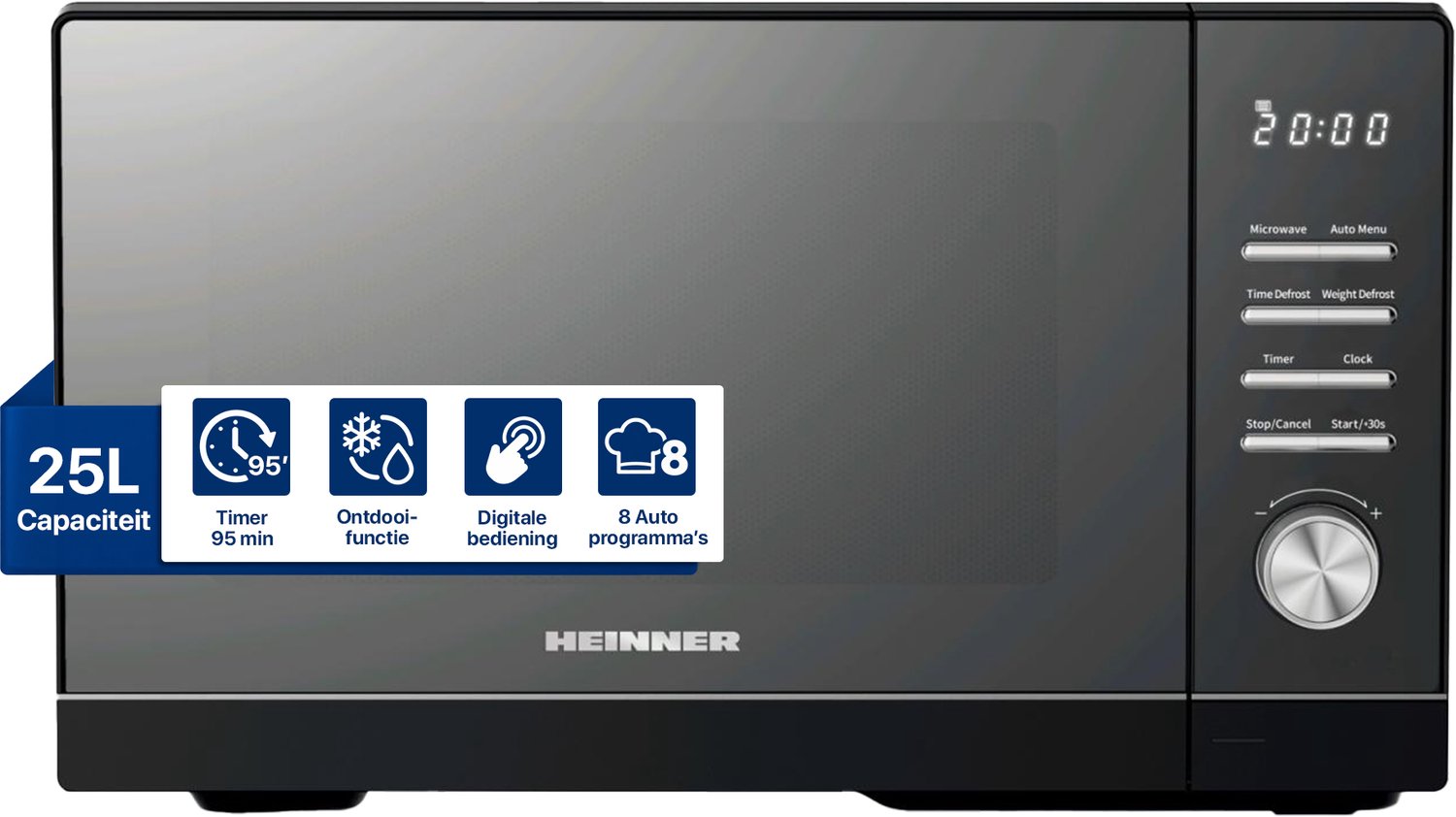 Heinner Vrijstaand Magnetron 25L – 800 W – 5 Vermogensniveaus – 8 Automatische Programma’s – Ontdooifunctie – Timer – Spiegelglas – Zwart