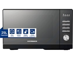 Heinner Vrijstaand Magnetron 25L – 800 W – 5 Vermogensniveaus – 8 Automatische Programma’s – Ontdooifunctie – Timer – Spiegelglas – Zwart