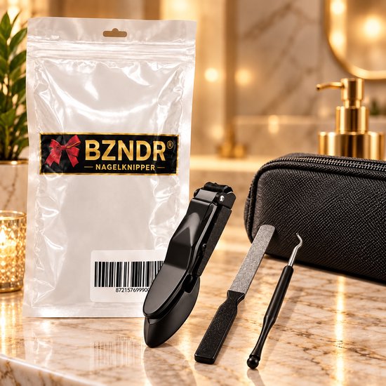 BZNDR nagelknipper set met zwarte clipper, vijl en reiniger in een etui naast de verpakking.