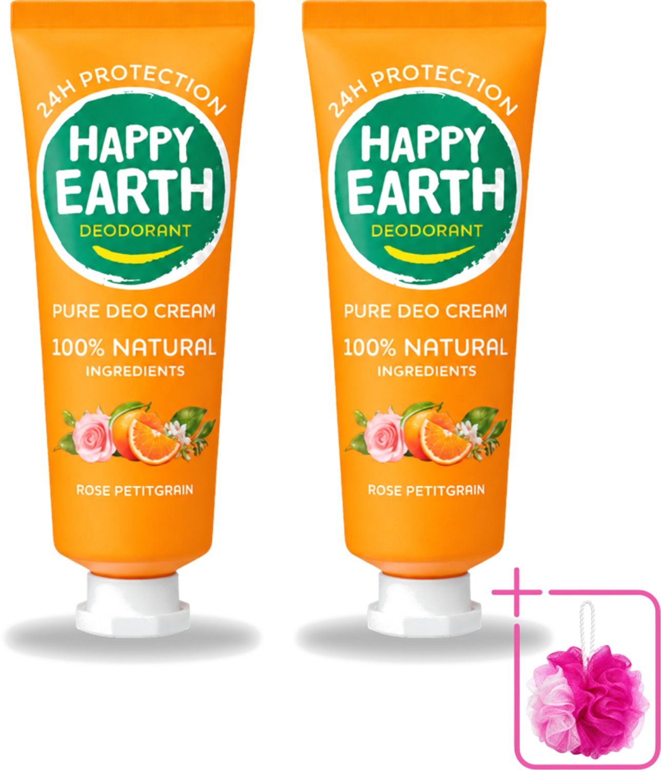 2 x Happy Earth – Deodorant Cream – 100% Natuurlijk Rose Petitgrain – 40 ml - Bulkverpakking - Natuurlijke deodorant - Douchemop - Deodorant crème