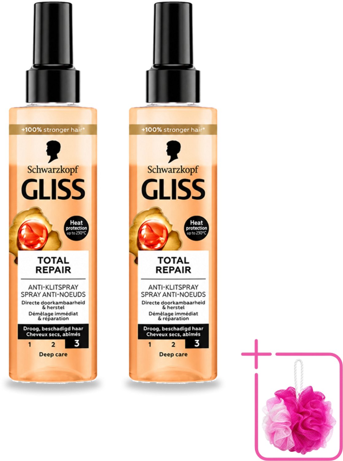 2 x Gliss - Total Repair Anti-Klit Spray - Voor Beschadigd en Droog Haar - 200 ml - Bulkverpakking - Haarkleur - Douchemop - Haarherstel