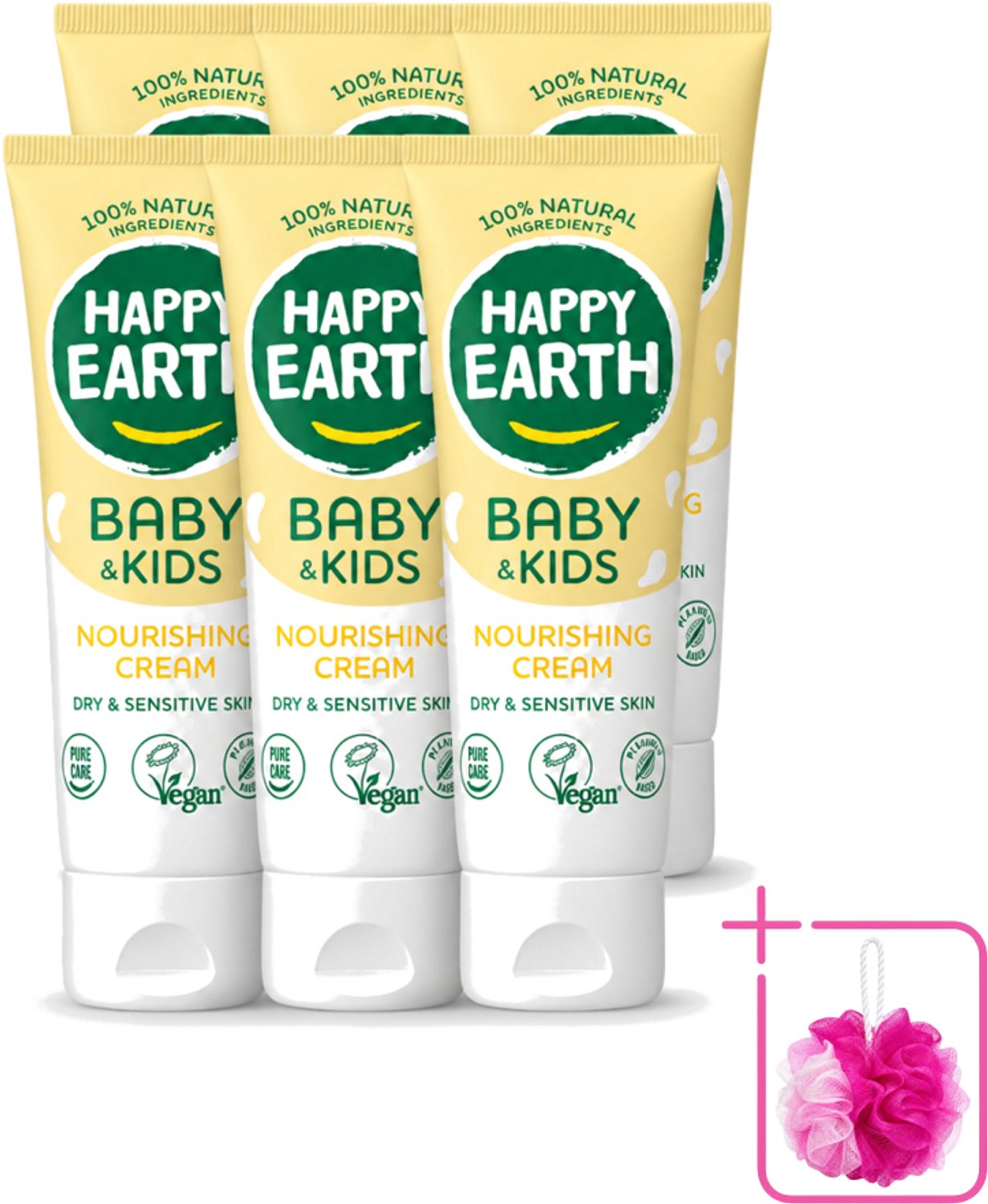 6 x Happy Earth – Nourishing Cream – 100% Natuurlijk Baby & Kids – 75 ml - Bulkverpakking - Natuurlijke crème - Douchemop - Gevoelige huid