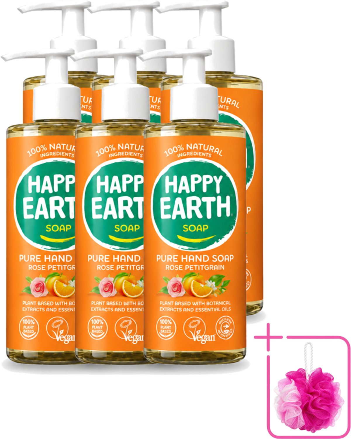 6 x Happy Earth – Handzeep – 100% Natuurlijk Rose Petitgrain – 300 ml - Bulkverpakking - Natuurlijke handzeep - Douchemop - Vegan handzeep