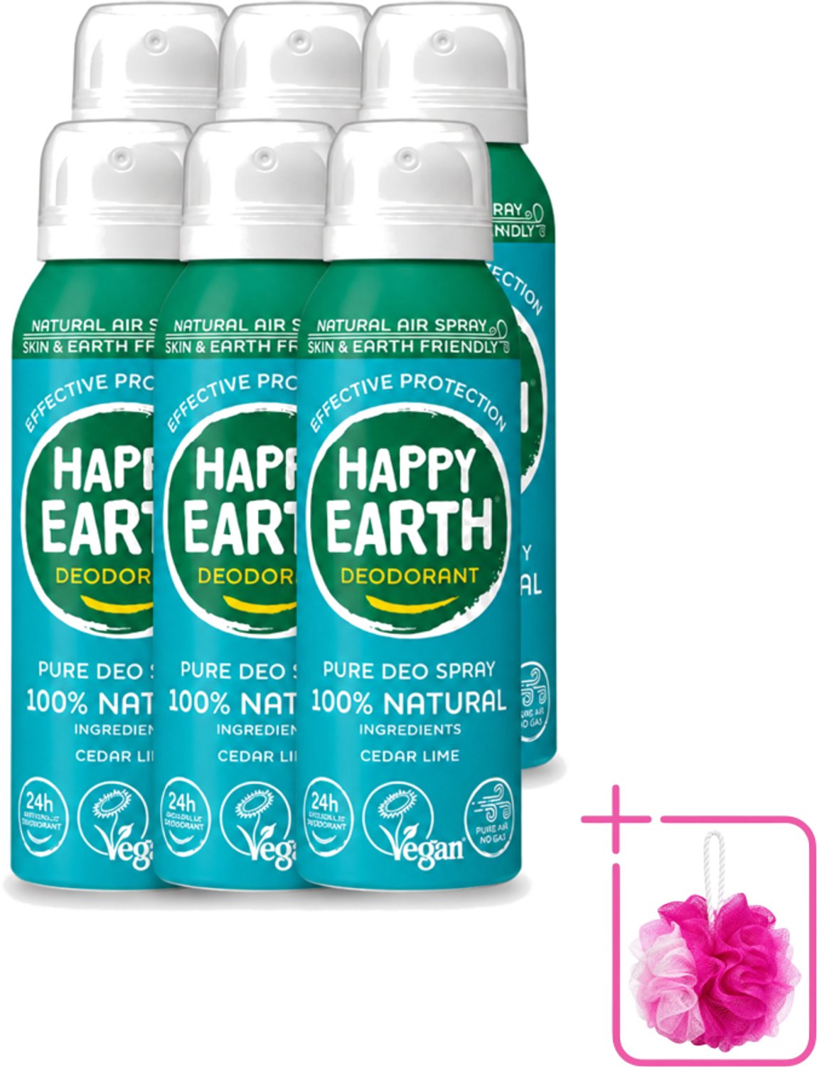 6 x Happy Earth – Deodorant Natural Air Spray – 100% Natuurlijk Cedar Lime – 100 ml - Bulkverpakking - Natuurlijke deodorant - Douchemop - Cederhout en limoen