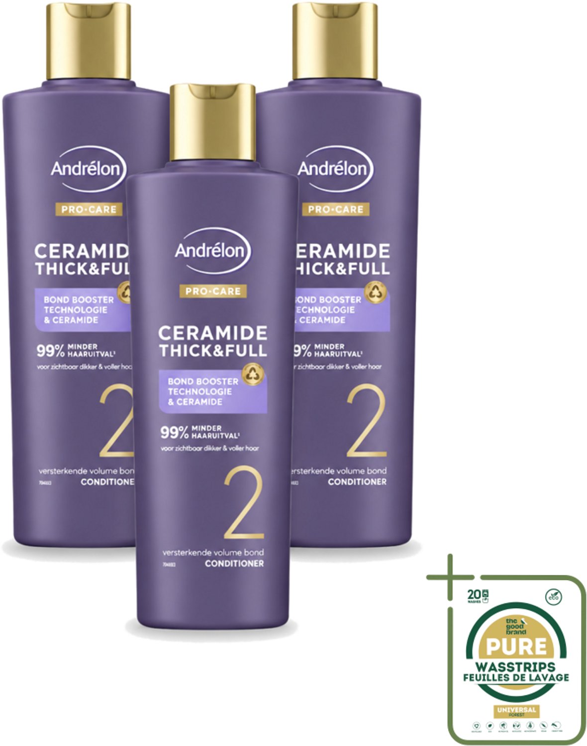 3 x Andrélon – Conditioner – Pro Care Ceramide Thick & Full – 250 ml - Wasstrips - Haarverdikking - Haarversterking - Haaruitval - Haarbreuk - Ceramide