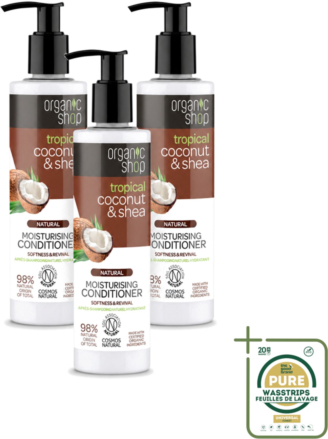 3 x Organic Shop - Coconut & Shea Conditioner - Verzorgend en Voedend - 280 ml - Wasstrips - Haarverzorging - Droog Haar - Haarherstel - Natuurlijke Ingrediënten - Kokosolie