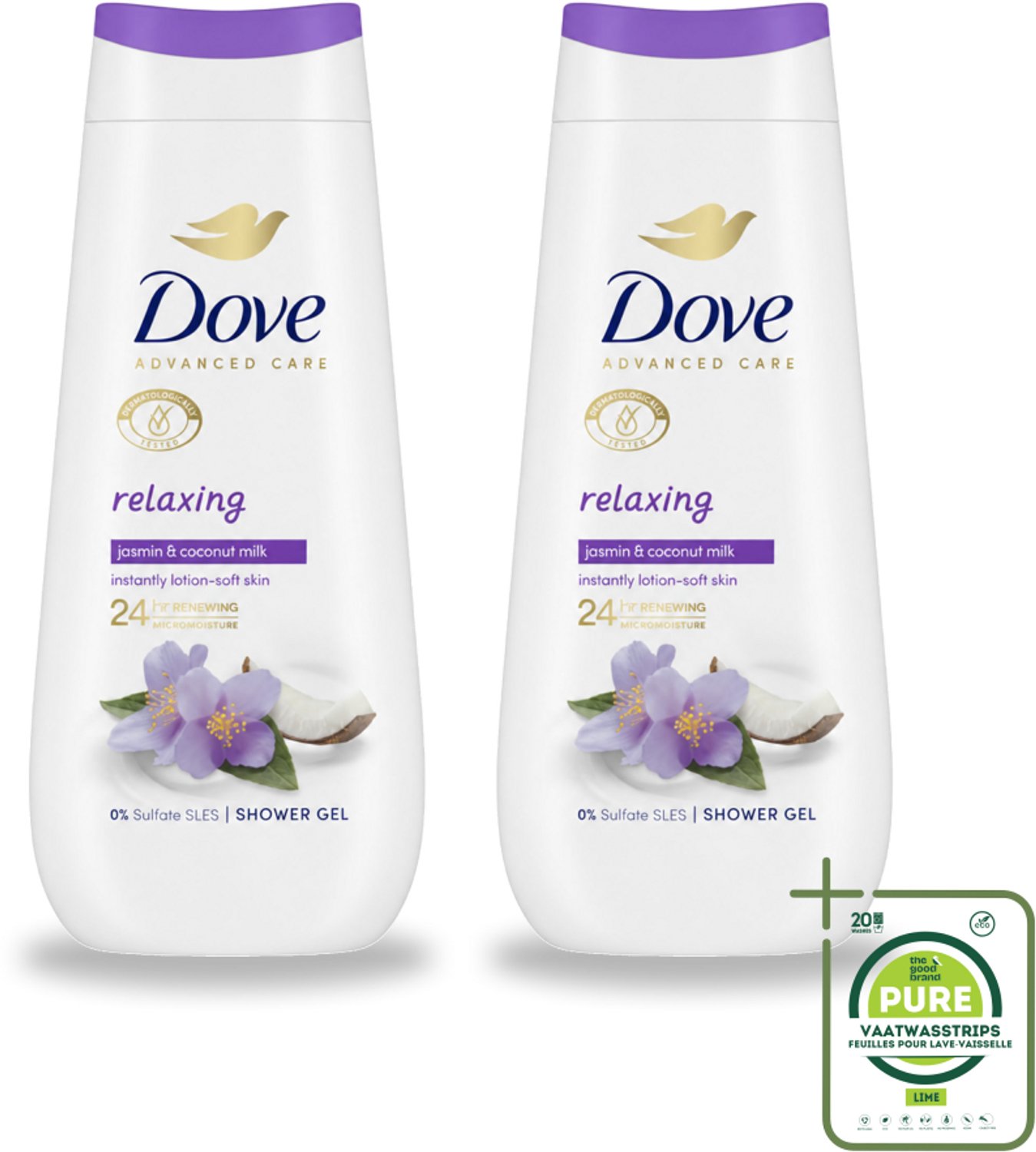 2 x Dove Douchecrème - Relaxing - Kokos & Jasmijn - 225 ml - Grootverpakking - Vaatwasstrips - Douchegel - Ontspannen Douche - Huid Verzorging - Hydratatie - Jasmijn Geur