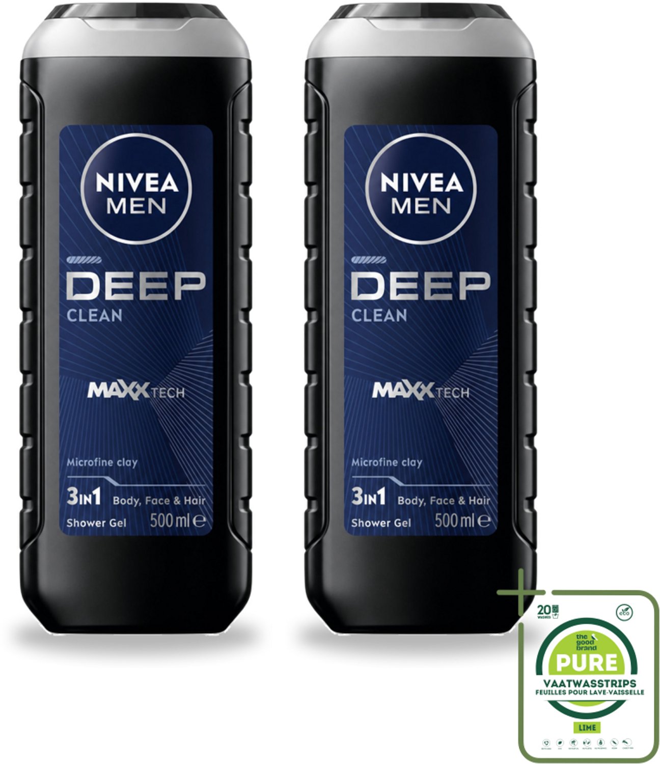 2 x NIVEA MEN - Douchegel - Deep Clean 3-in-1 - 500 ml - Grootverpakking - Vaatwasstrips - Diepe Reiniging - Microklei - Douchegel - Lichaam Reinigen - Gezicht Reinigen