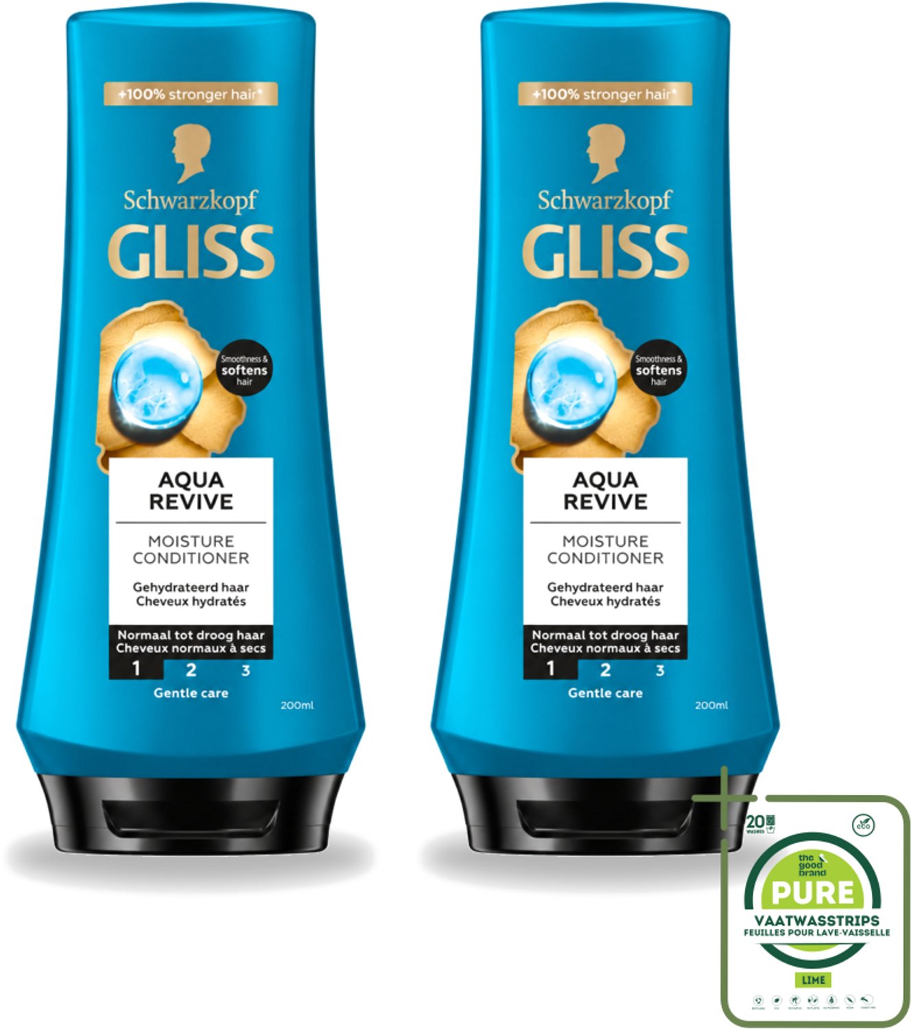 2 x Gliss - Hair Repair - Conditioner Aqua Revive voor Hydraterend en Fris Haar - 200 ml - Grootverpakking - Vaatwasstrips - Haar Hyderatatie - Haar Verfrissend - Haar Hydrateren - Haar Beschadigd - Haar Droog