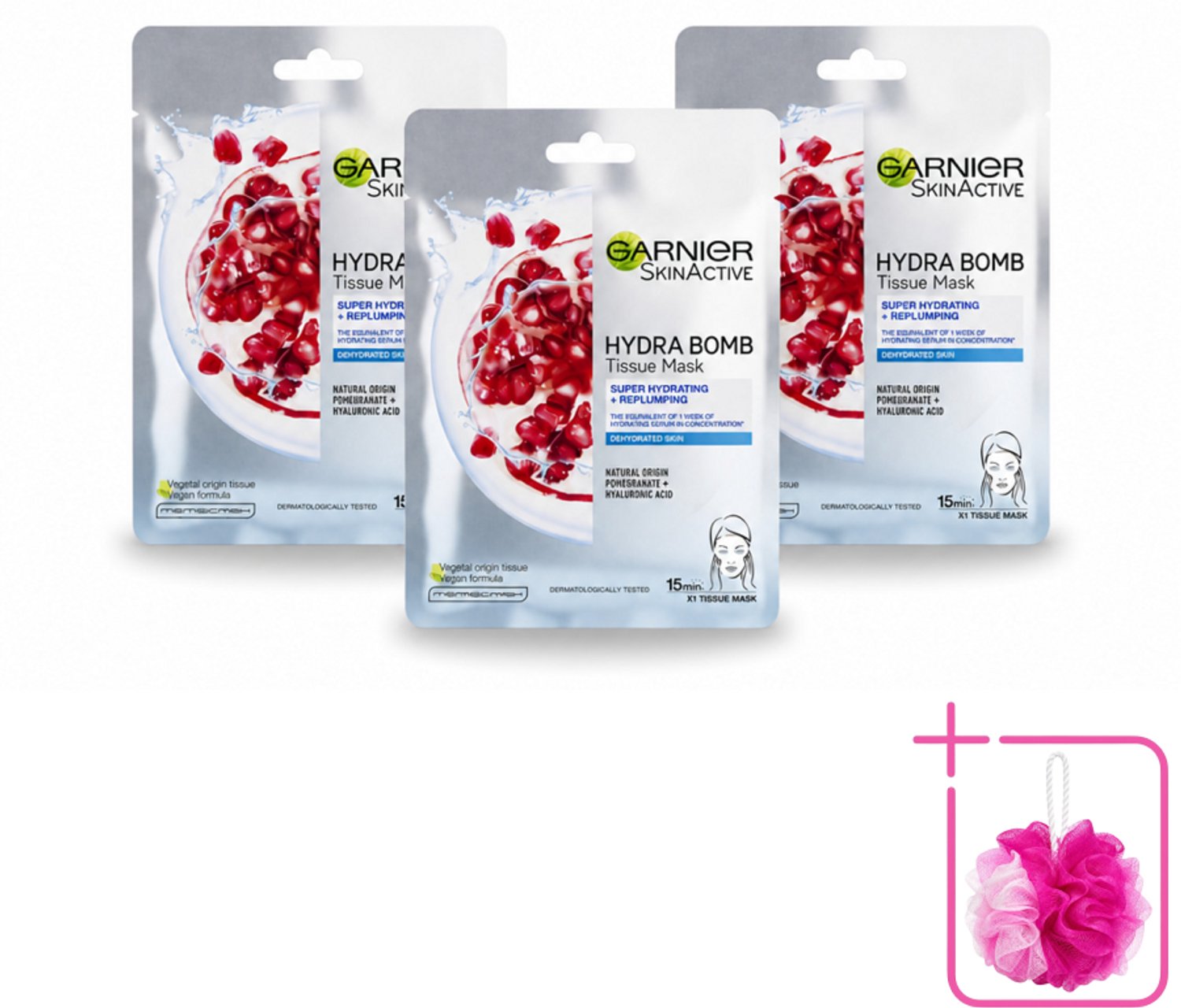 3 x Garnier - SkinActive - Hydra Bomb Sheet Mask - Granaatappel - Gezichtsmasker - 1 Gezichtsreinigingsmiddel - Bulkverpakking - Gezichtsmasker - Douchemop - Hydraat