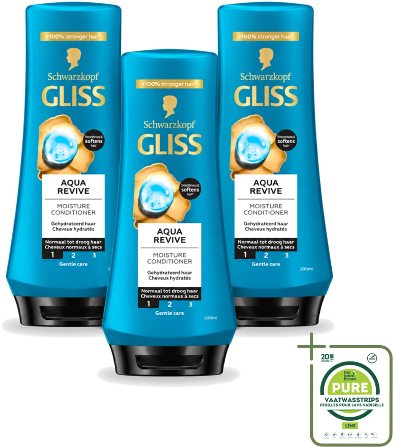 3 x Gliss - Hair Repair - Conditioner Aqua Revive voor Hydraterend en Fris Haar - 200 ml - Grootverpakking - Vaatwasstrips - Haar Hyderatatie - Haar Verfrissend - Haar Hydrateren - Haar Beschadigd - Haar Droog