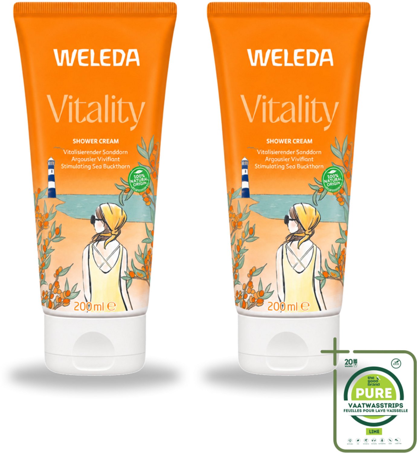 2 x WELEDA - Douchecrème Duindoorn Vitality - 200 ml - Grootverpakking - Vaatwasstrips - Douchecrème - Natuurlijke Douchecrème - Duindoornolie - Biologische Douchecrème - Frisse Geur