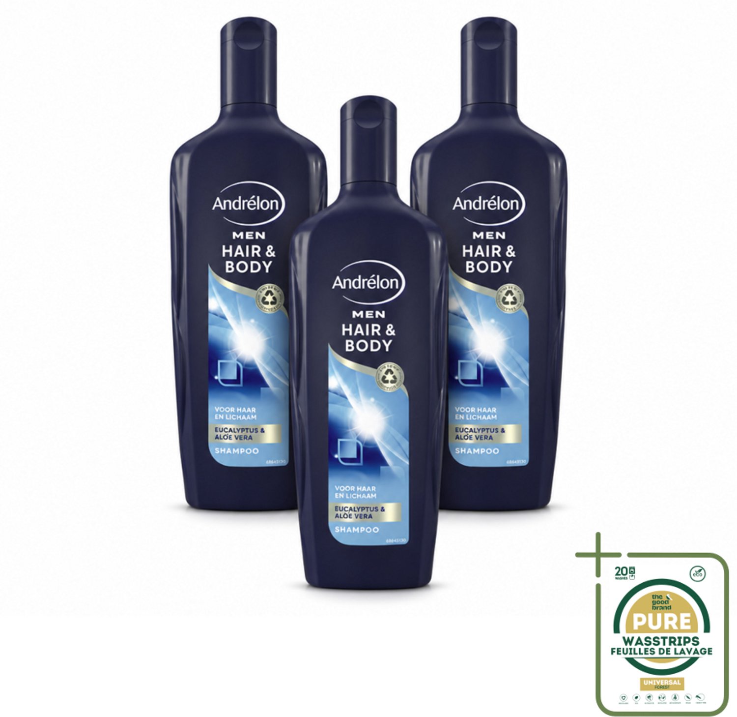 3 x Andrélon - Men - Hair & Body - Shampoo - 300 ml - Wasstrips - Shampoo Voor Mannen - Bodywash Voor Mannen - Haar En Lichaam Verzorgen - Eucalyptus Shampoo - Aloë Vera Bodywash
