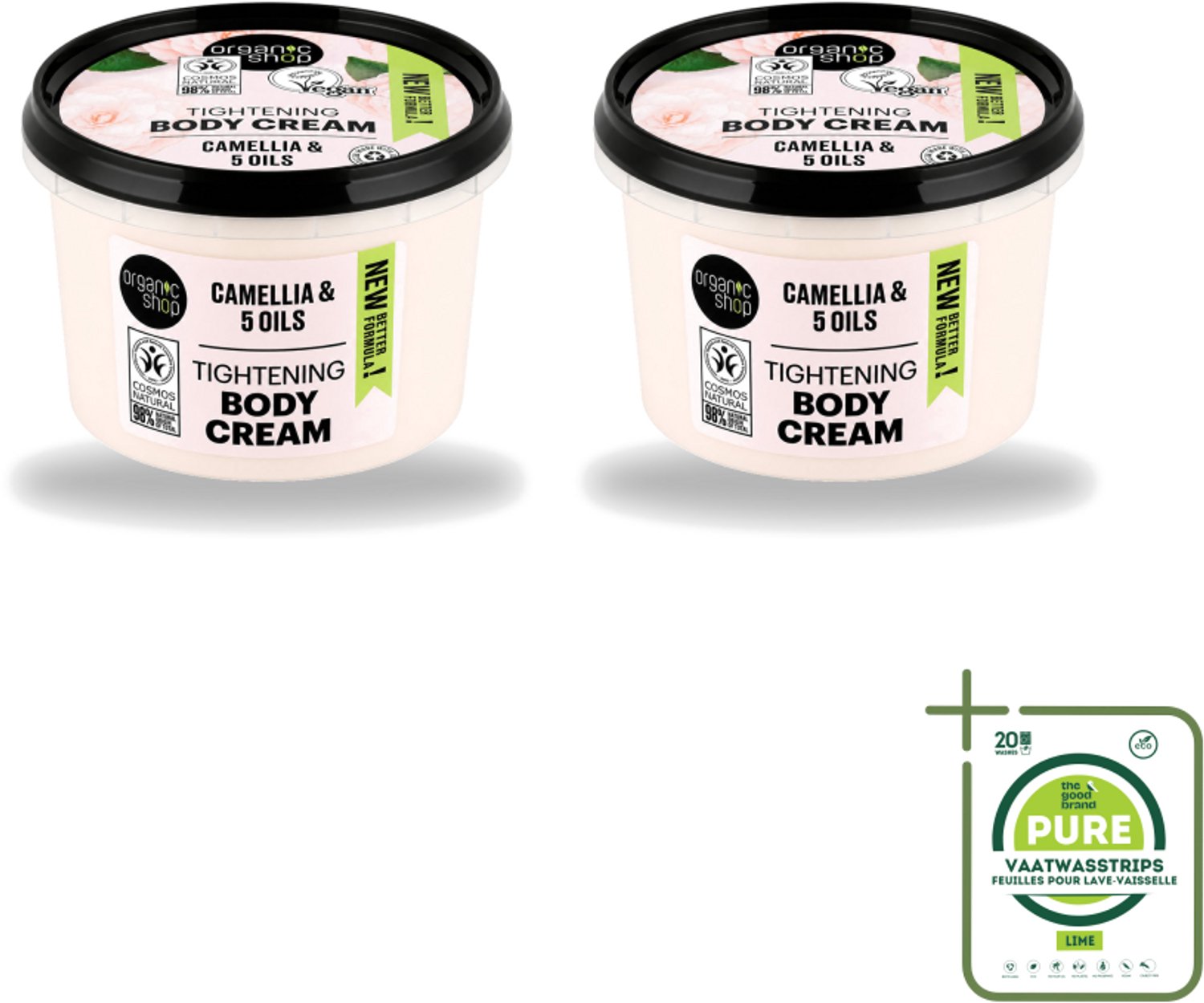 2 x Organic Shop - Organic Camellia & 5 Oils Body Cream - Verzachtend en Hydraterend - 250 ml - Grootverpakking - Vaatwasstrips - Organische Bodycrème - Japanse Kamelia - Hydraterende Crème - Verzachtende Crème - Natuurlijke Oliën