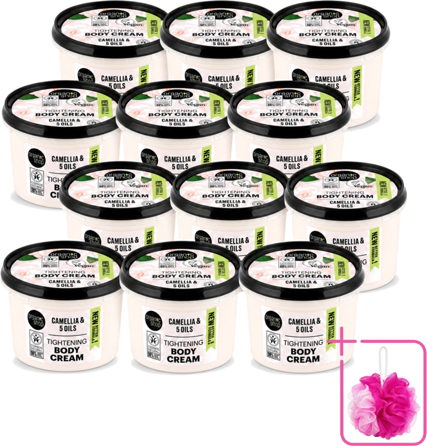 12 x Organic Shop - Organic Camellia & 5 Oils Body Cream - Verzachtend en Hydraterend - 250 ml - Bulkverpakking - Organische bodycrème - Douchemop - Japanse kamelia