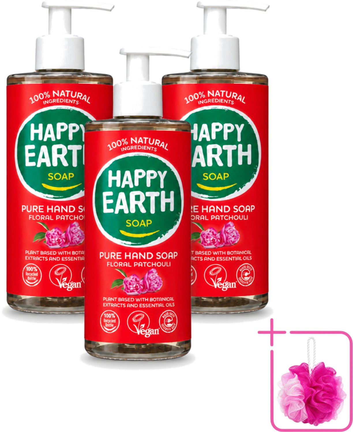 3 x Happy Earth – Handzeep – 100% Natuurlijk Floral Patchouli – 300 ml - Bulkverpakking - Natuurlijke handzeep - Douchemop - Vegan handzeep