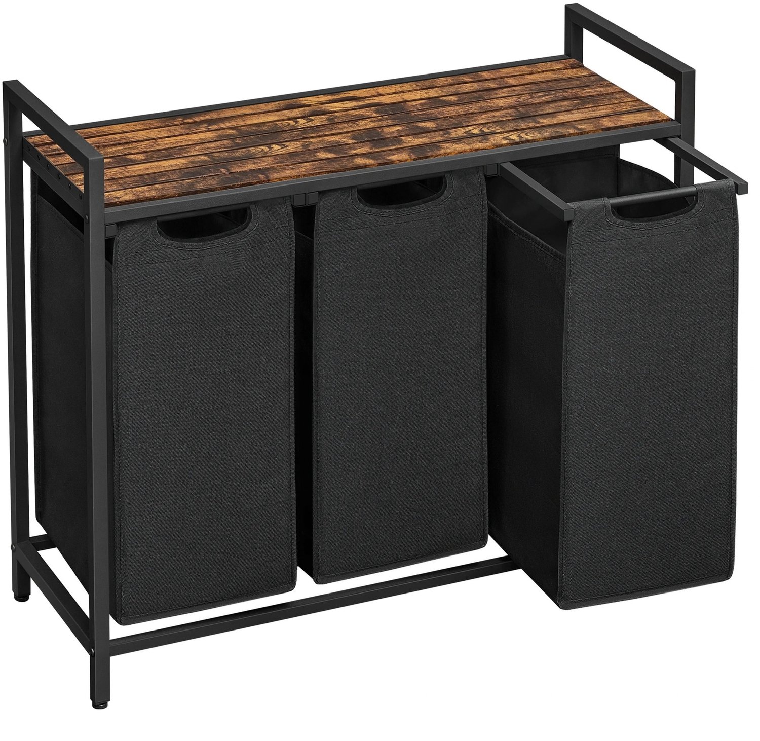 Noventra Wasmand 3 Vakken – Wasmand met 3 Compartimenten – Was Sorteerder met Houten Bovenblad – Wasgoed Sorteren – 92,5 x 33 x 72 cm – Zwart/Bruin