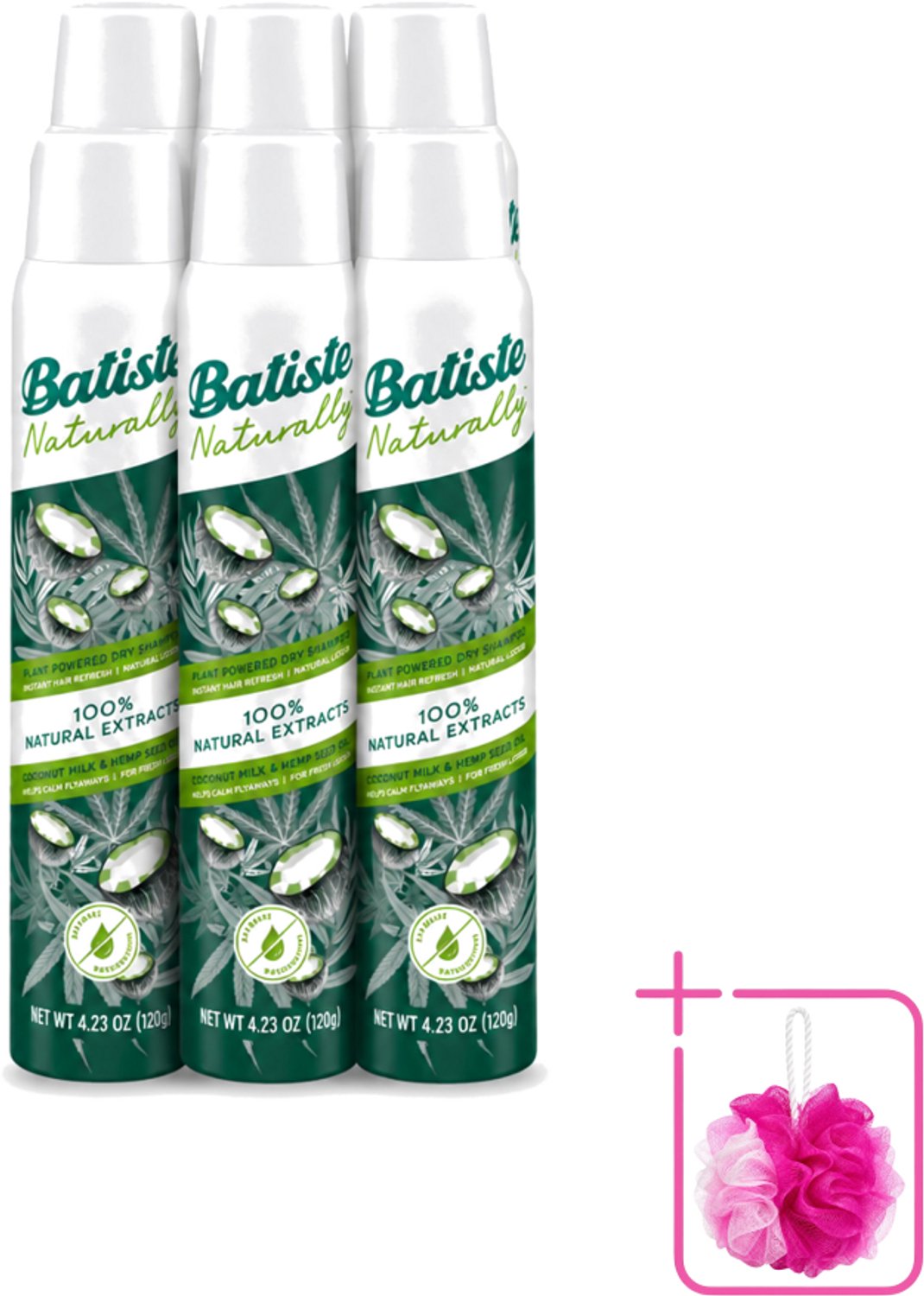 6 x Batiste - Naturally Coconut Milk & Hemp Seed Oil - Droogshampoo - Anti-Pluis en Verfrist - 100% Natuurlijk - 200ml - Bulkverpakking - Natuurlijk haarverzorging - Douchemop - Droogshampoo