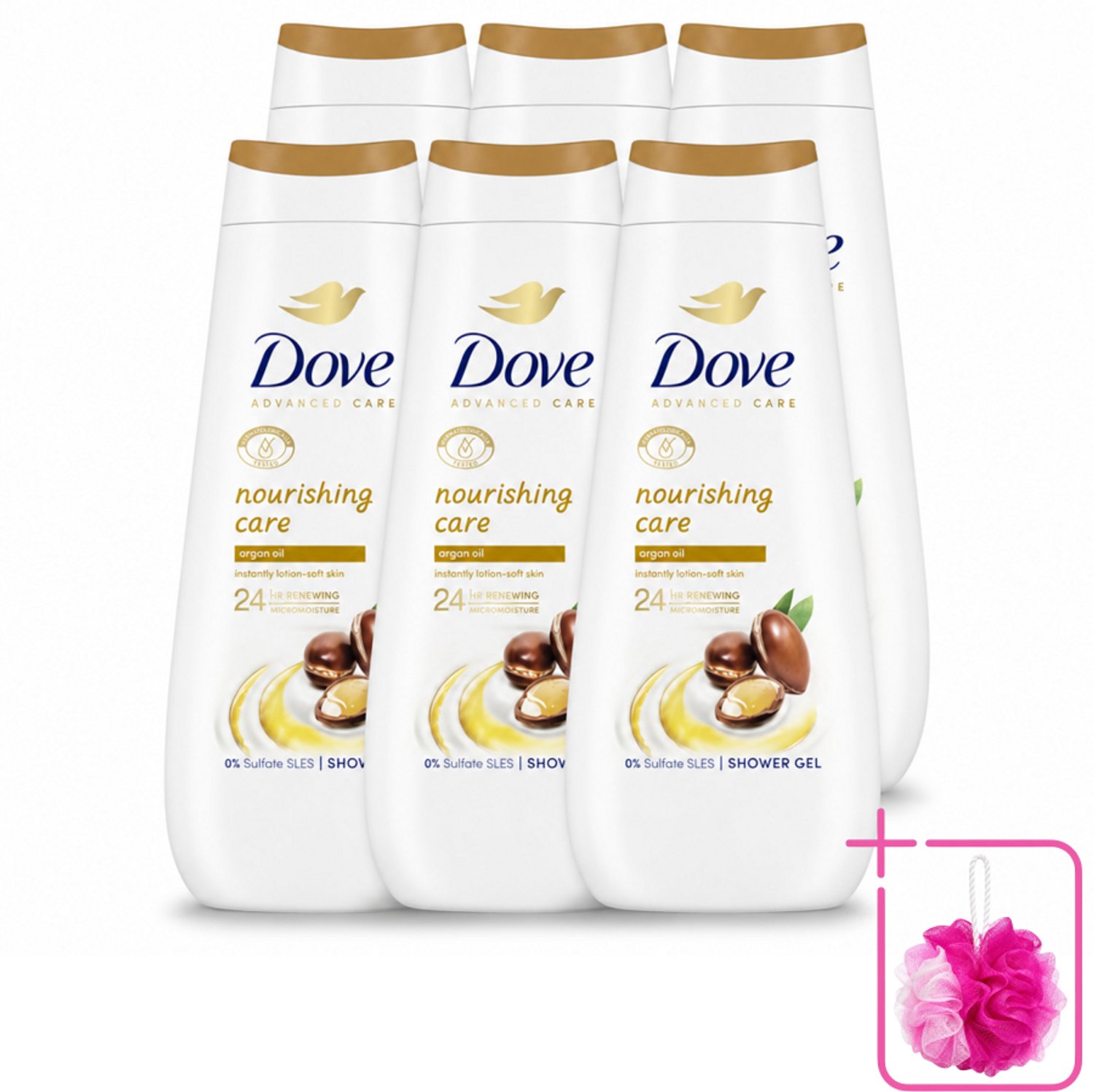 6 x Dove Douchecrème - Nourishing Care - Arganolie - 400 ml - Bulkverpakking - Douchegel - Douchemop - Huid verzorging