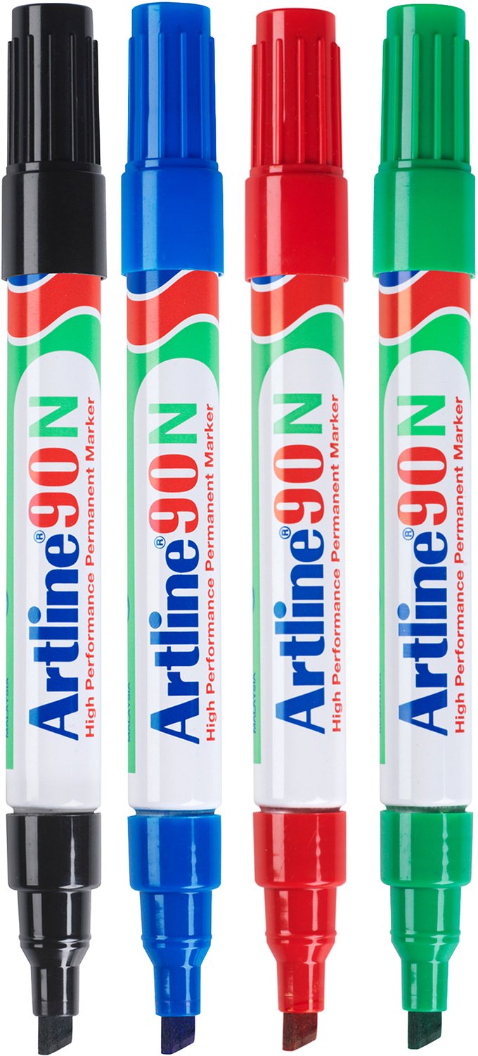 Artline 90 NEAT Permanent Markers - Set van 4 markers - Met een beitelpunt van 2,0 - 5,0 mm - Zwart, Rood, Blauw & Groen